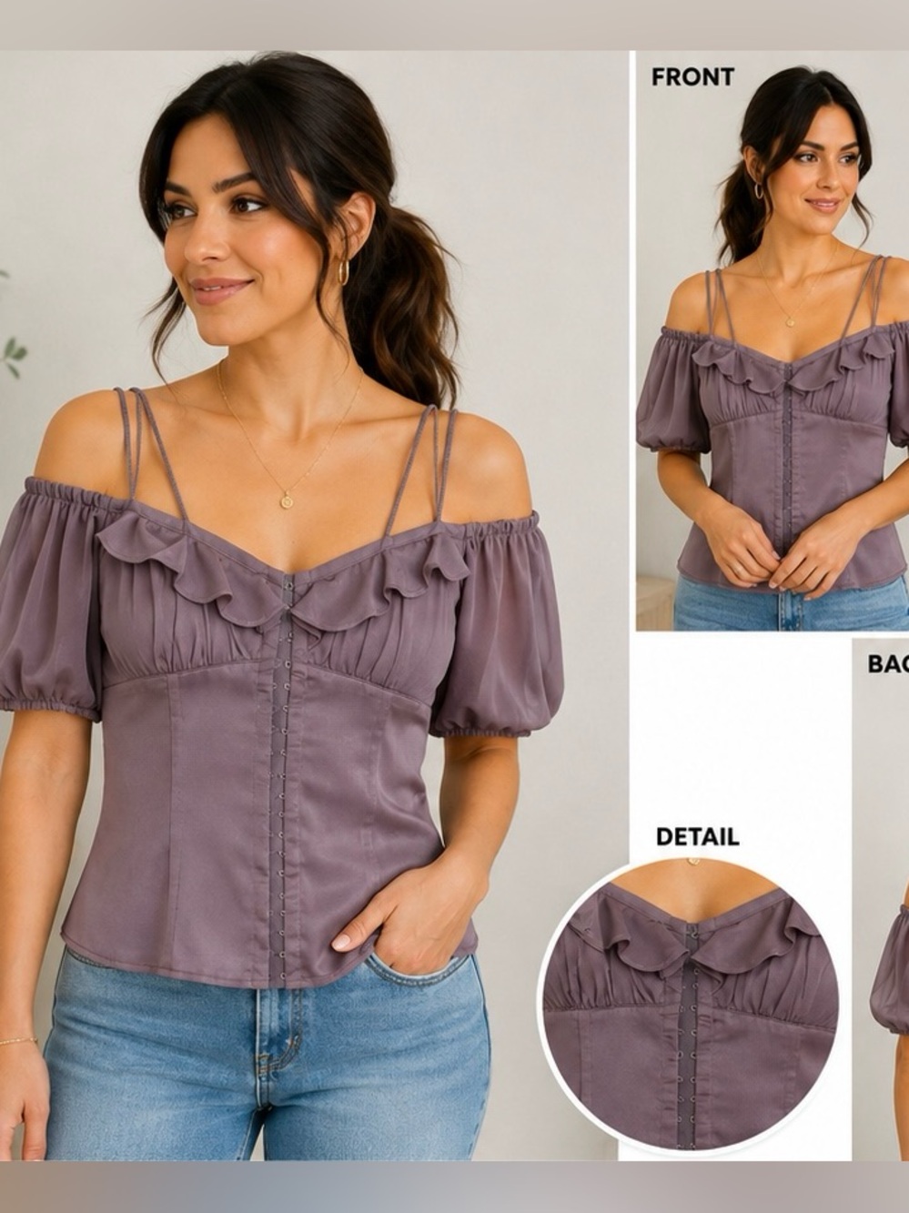 Guess by Marciano Off-Shoulder Ruffle Button-Front Top in Mauve